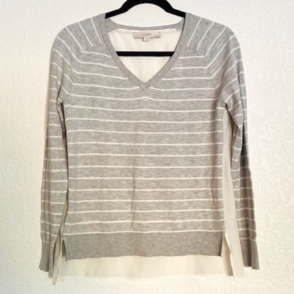 🍍 LOFT Gray/White Stripe Sheer Back V-Neck Top S